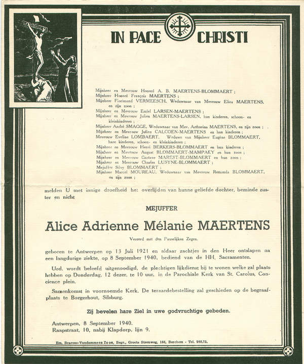Overlijdensbrief Alice-Adrienne Maertens